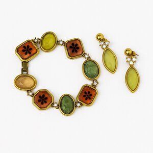 Vintage Mixed Glass Stone Bracelet & Dangle Earrings Set Gold Tone 7.5”